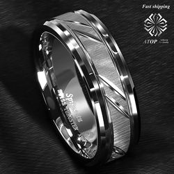 8 mm Tungsten Carbide Ring Silver leaf New Brushed Style Bridal ATOP Jewelry