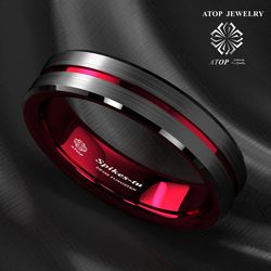 6 mm Black Tungsten Carbide Thin Red Line Wedding Band Ring ATOP Men's Jewelry