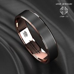 6 mm Tungsten Carbide ring rose gold black brushed Wedding Band Ring ATOP men's jewelry
