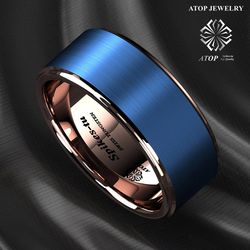 8 mm Blue Tungsten Carbide Ring Rose Gold Brushed Wedding Band ATOP Men Jewelry