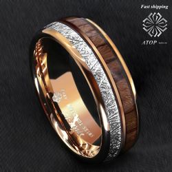 8 mm Rose Gold Dome Tungsten Ring Silver Koa Wood Inlay ATOP Men Jewelry