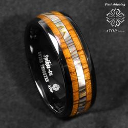 8 mm Black Tungsten carbide ring Koa Wood Abalone ATOP Wedding Band Men's Jewelry Customized Jewelry