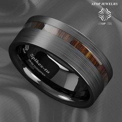 8mm Black Brushed Tungsten Carbide Ring Off Center Koa Wood Wedding Band Ring Customized Jewelry