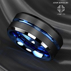 8 mm Tungsten Men's Ring Thin Blue Line-Inside Black Brushed Band ATOP Jewelry