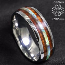 8mm Tungsten carbide ring Koa Wood Abalone ATOP Wedding Band Ring Men's Jewelry Customized Jewelry Free Shipping