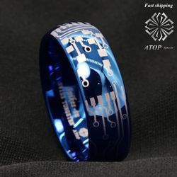 8 mm Shiny Blue Dome Tungsten Carbide Ring Laser Circuit Board ATOP Men's Jewelry Free Shipping
