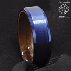 8 mm Blue Brushed Tungsten Red Sandal Wood Inlay Wedding Band Ring Men's Jewelry Free Shipping