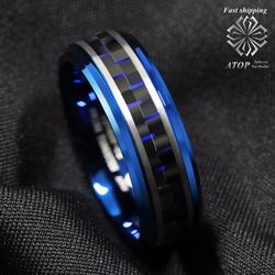 ATOP 8 mm Men's jewelry Blue Tungsten Ring Black and Blue Carbon Fiber Wedding Band Free Shipping