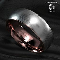 ATOP 8 mm Tungsten ring Silver Brushed Rose Gold Inlay Men's Wedding Band Free Shipping