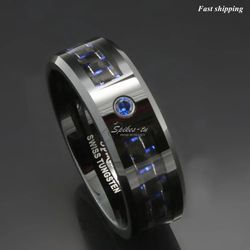 5x Black and blue Carbon Fiber Tungsten Ring Blue Mens jewelry Wedding Band Free Shipping