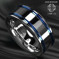 8 mm Men's Tungsten Carbide ring Double Blue Stripe Wedding Band Ring Comfort Fit Free Shipping