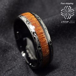 Black Tungsten carbide Ring Koa Wood Inlay Dome men's jewelry Wedding Band Ring Free Shipping