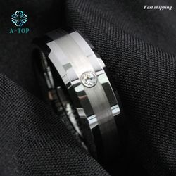 Men's Tungsten Carbide brushed ring luxury CZ Inlay comfort fit Wedding Band Ring Free Shipping