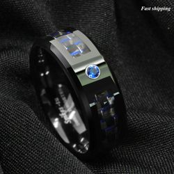 Black and blue Carbon Fiber Tungsten Ring Blue Men's jewelry Wedding Band Free Shipping