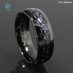 8 mm Black and Blue Tungsten Ring with Carbon Fiber Men's Wedding Band jewelry Free Shipping