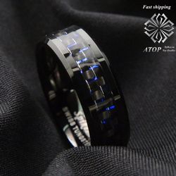 Men's jewelry Tungsten Ring with Carbon Fiber 8 mm Black and Blue Wedding ring Free Shipping