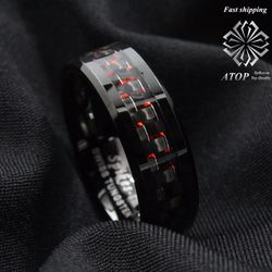 Men's Tungsten Ring with Carbon Fiber 8mm Black and red men's Wedding Band Free Shipping