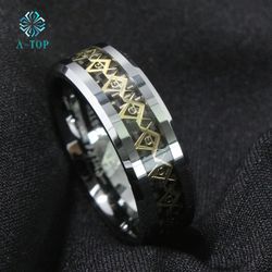 8 mm Tungsten carbide ring Black and Gold carbon fiber center silver Freemasonry rings Free Shipping