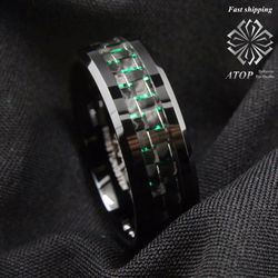 Men's jewelry Tungsten Ring with Carbon Fiber 8mm Black and Green Wedding Band Free Shipping