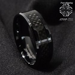Men's jewelry Tungsten Ring with Carbon Fiber 8mm Black Wedding Band Free Shipping