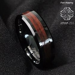 8mm Men's Tungsten Carbide ring Red Wood Inlay Black Plat Wedding Band Ring Free Shipping