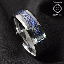 8mm Silvering Dragon Tungsten Carbide Ring Men's Jewelry Wedding Band Free Shipping