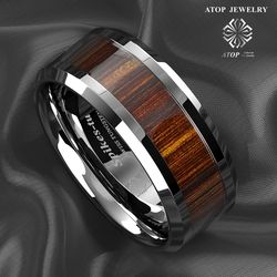 8mm Men's Tungsten ring Carbide Wood Inlay Beveled Wedding Band Ring Free Shipping