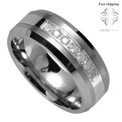 Tungsten Ring 7 CZ Center Brushed & Polish Men Women Wedding Band jewelry Free Shipping
