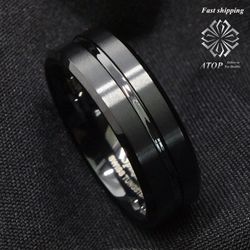 8mm Tungsten Men's Black Center Channel Stripe Comfort Fit Band Ring Free Shipping