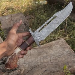 handmade knife forged damascus steel hunting knife bowie knife rambo knife deer stag antler handle custom knife wh 44h k