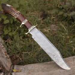 handmade forged damascus steel hunting bowie rambo knife deer stag crown handle wh 4411