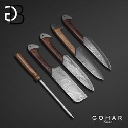 Premium Damascus Chef Knives Set - Handcrafted with Rosewood Handles - Complete Kitchen Essentials with Leather Case