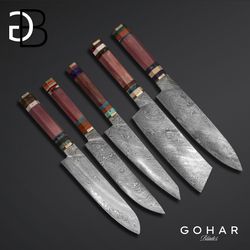 Handcrafted Damascus Chef Knives Set - Resin Sheet with Brass Guards Handle - Includes Leather Case - Set of 5