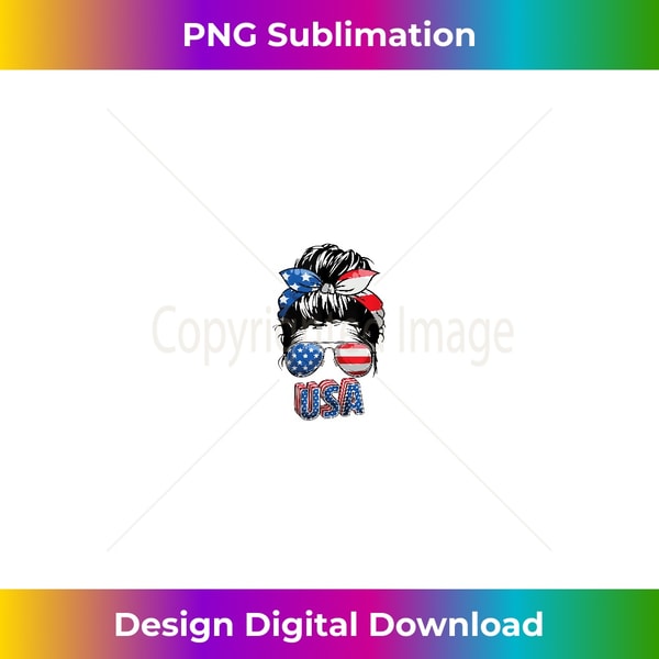 American Mom Life Messy Bun Women 4th of July Girl USA Flag Tank Top - Exclusive PNG Sublimation Download