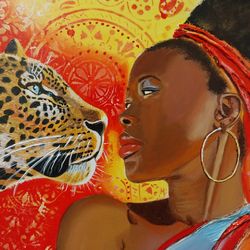 African woman with a leopard, acrylic painting with a structural paste.