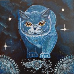 Mystic cat 2 acrylic painting with structural paste on stretched canvas