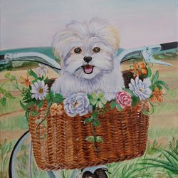 Maltese dog in a flower basket. Acrylic painting