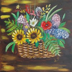 Basket of wild flowers- oil painting miniature 8x8inch