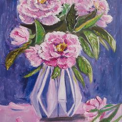 Peonies in a vase oil painting miniature 5x7inch/ flowers oil painting impasto technique