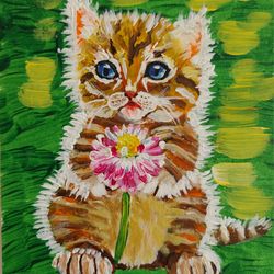 Cute kitten with flower in its paws/ Acrylic painting miniature 4x6inch / 10x15cm