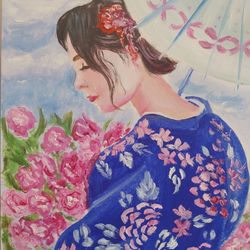 Japanese girl in the garden, oil painting miniature 5x7inch (13x18cm)