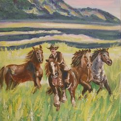 Cowboy in american prairies, Oil painting miniature 5x7inch 13x18cm