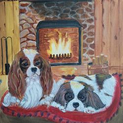 Dear couple- two dogs by the fireplace /Cavalier King Charles Spaniel/ Acrylic painting