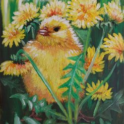 Cute chicken in dandelions- oil painting miniature 5x7inch, 13x18cm
