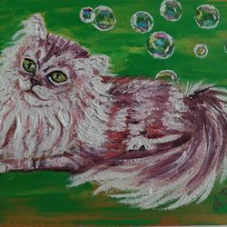 Persian Cat and Soap Bubble- Oil Painting Miniature 7x5inch/ 13x18cm, Impasto Animal Portrait.