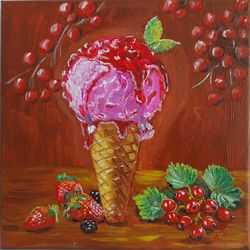 Fruit waffle ice cream, Food painting oil painting miniature on stretched canvas 8x8inch