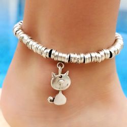 cat silver anklet – adjustable - antique silver plated - animal lover jewelry - cute beach boho gift - 8888880050010