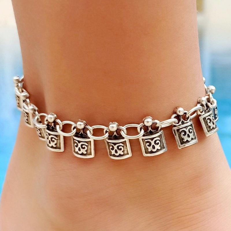 Square Silver Anklet Antique Silver Plated Boho Jewelry Adjustable Womens Gift Boho Anklet 888 0