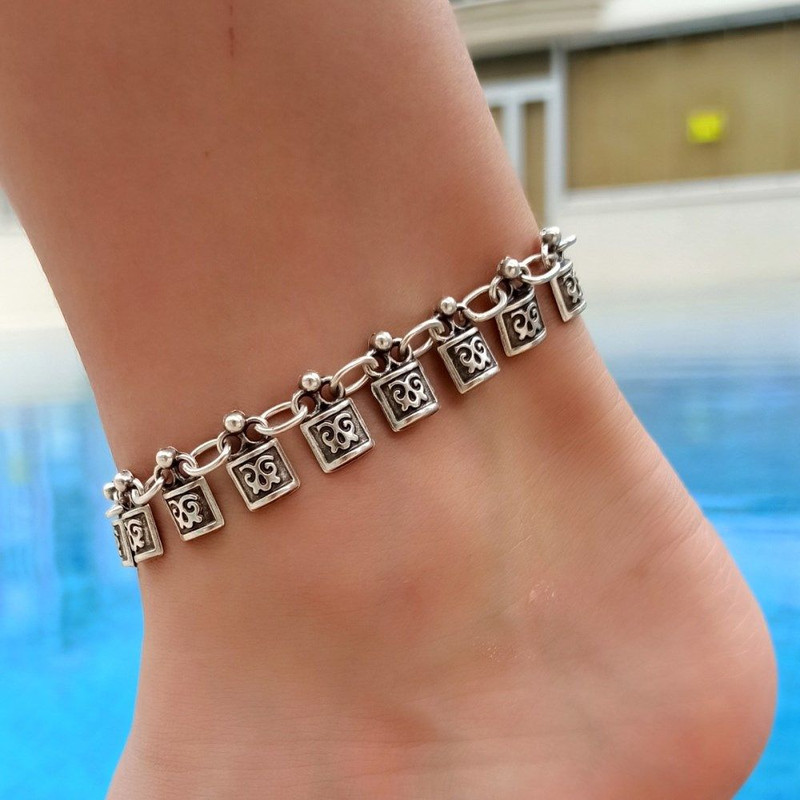 Square Silver Anklet Antique Silver Plated Boho Jewelry Adjustable Womens Gift Boho Anklet 888 2