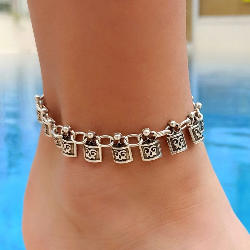 Square Silver Anklet Antique Silver Plated Boho Jewelry Adjustable Womens Gift Boho Anklet 888 3